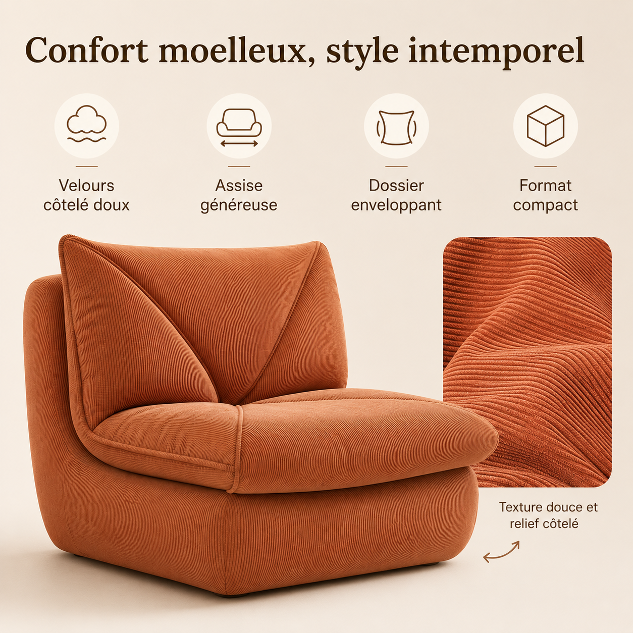 Présentation du fauteuil pouf salon en velours côtelé avec focus sur le confort et les finitions