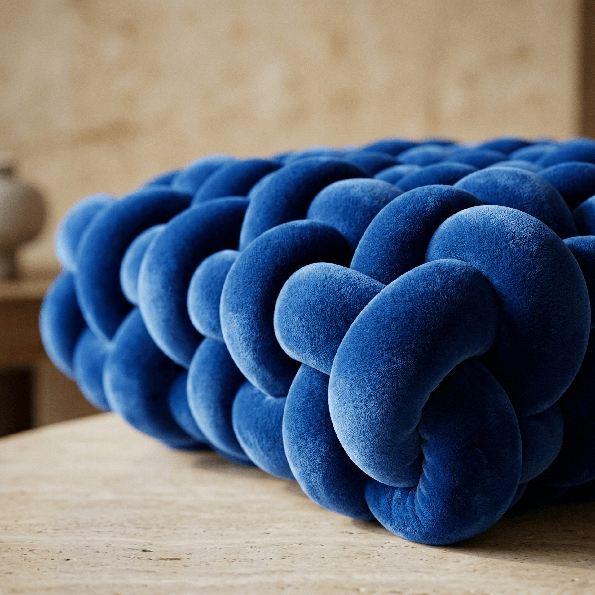 Coussin tressé carré en velours bleu profond – zoom sur la texture épaisse et le tressage sculptural
