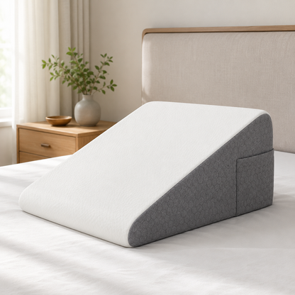 Coussin incliné triangulaire blanc et gris posé sur un lit