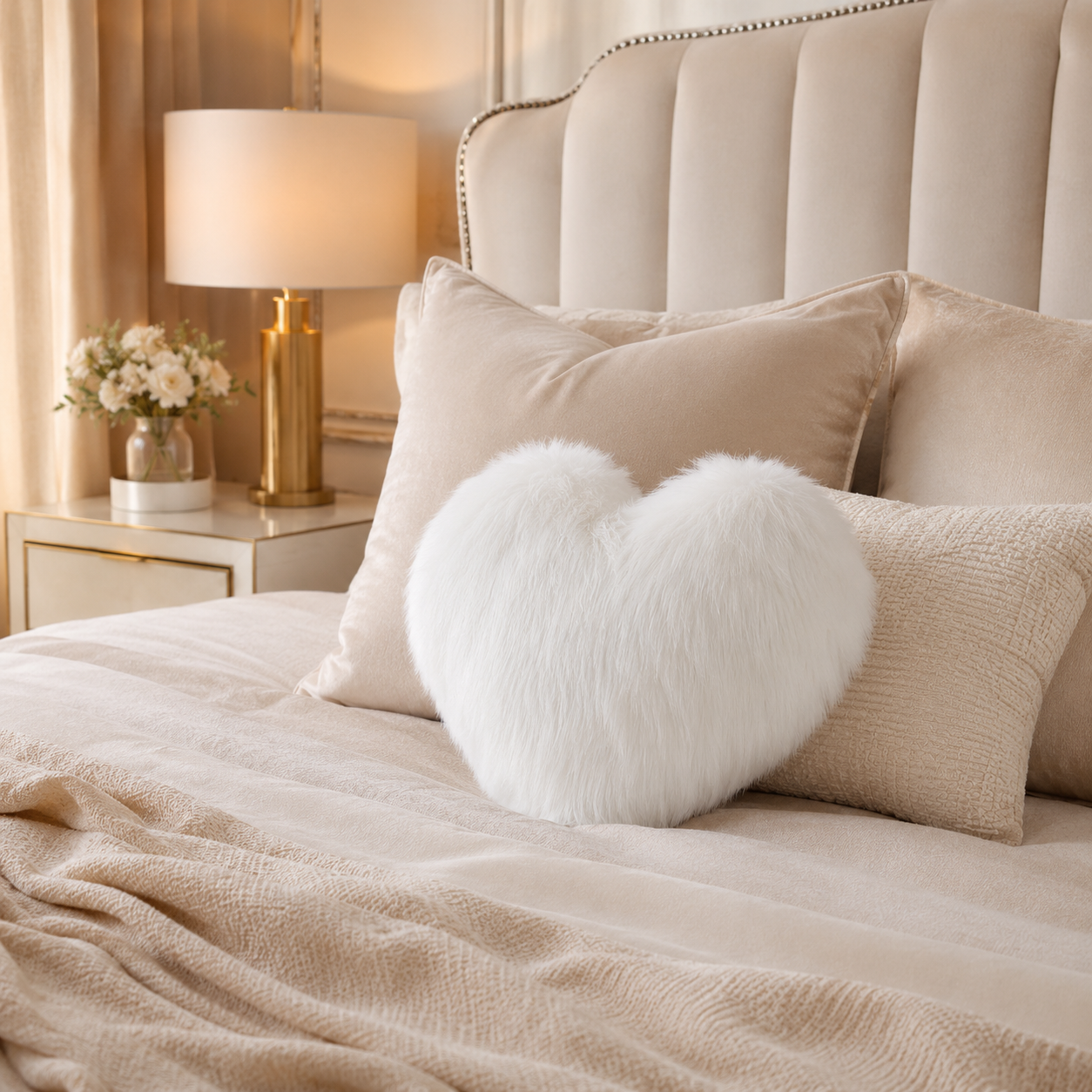 Coussin moumoute blanc en forme de cœur posé sur un lit dans une chambre lumineuse et raffinée.