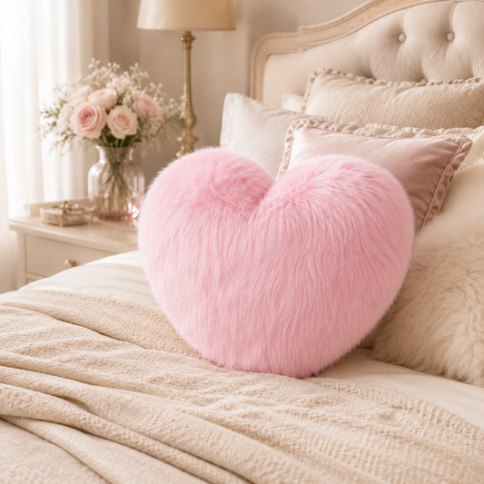 Coussin moumoute rose en forme de cœur posé sur un lit beige dans une chambre élégante et chaleureuse.