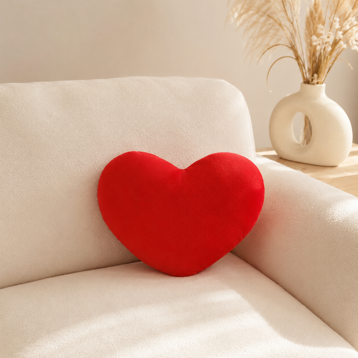 Coussin cœur rouge posé sur un fauteuil beige dans un intérieur chaleureux et contemporain.