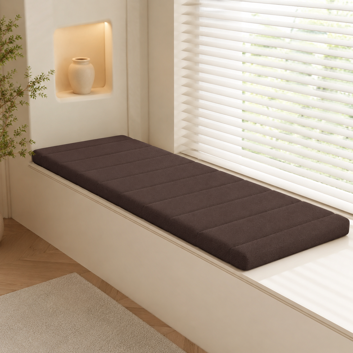 Coussin de banc long marron foncé posé sur une banquette blanche près d’une fenêtre lumineuse.