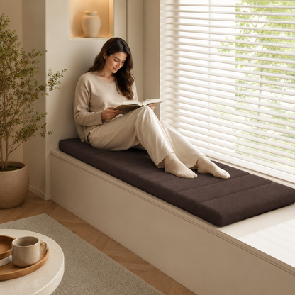 Femme lisant près d’une fenêtre, confortablement assise sur un coussin de banc marron foncé.