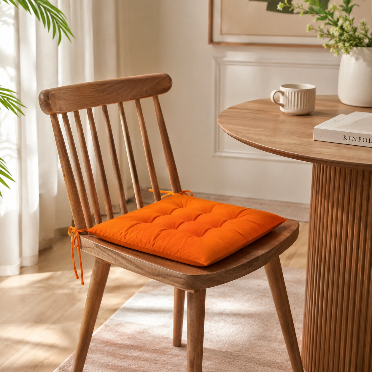 Coussin de chaise orange capitonné avec attaches, installé sur une chaise en bois dans une salle à manger chaleureuse.