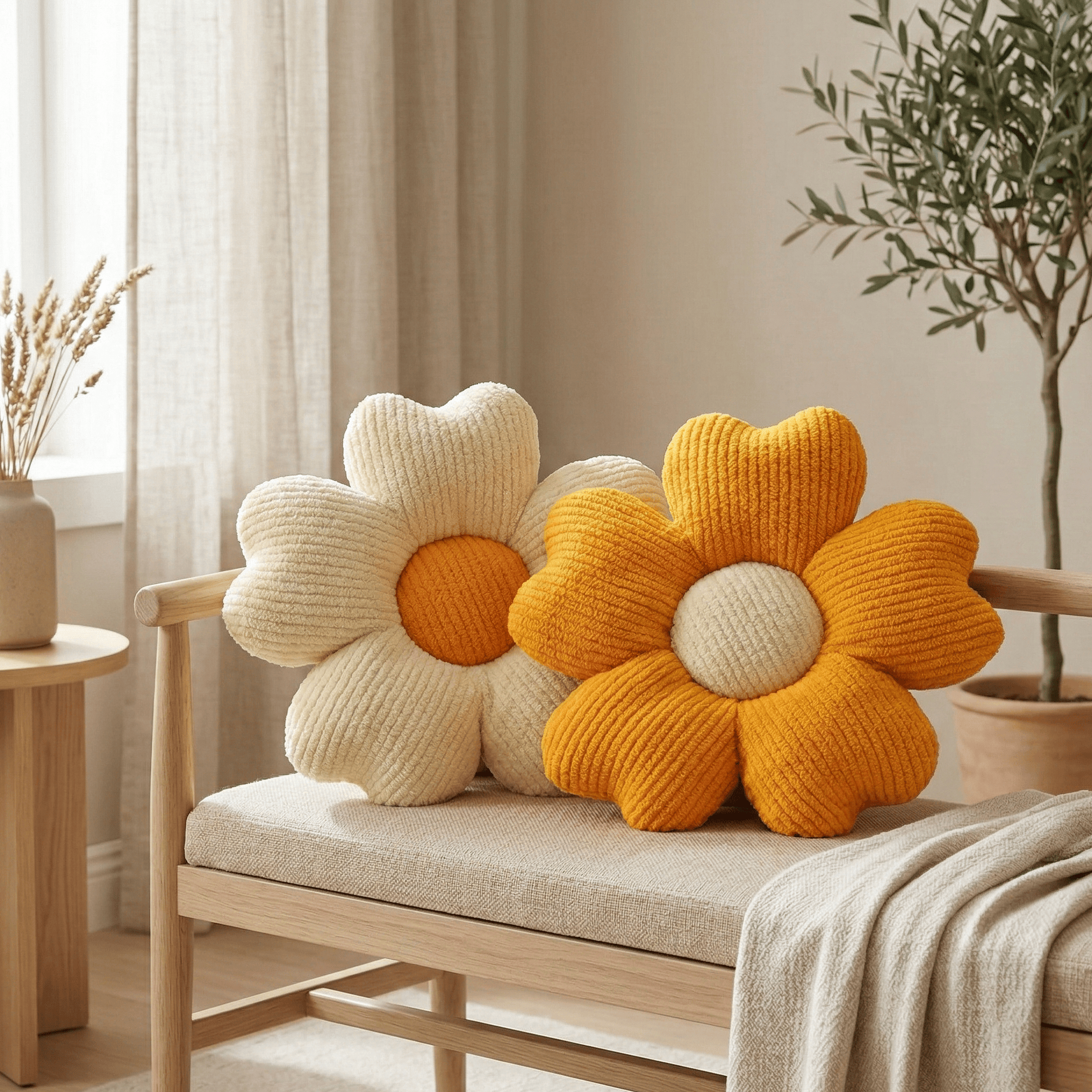 Coussins fleur écru et jaune moutarde sur banquette en bois dans une décoration naturelle et cosy