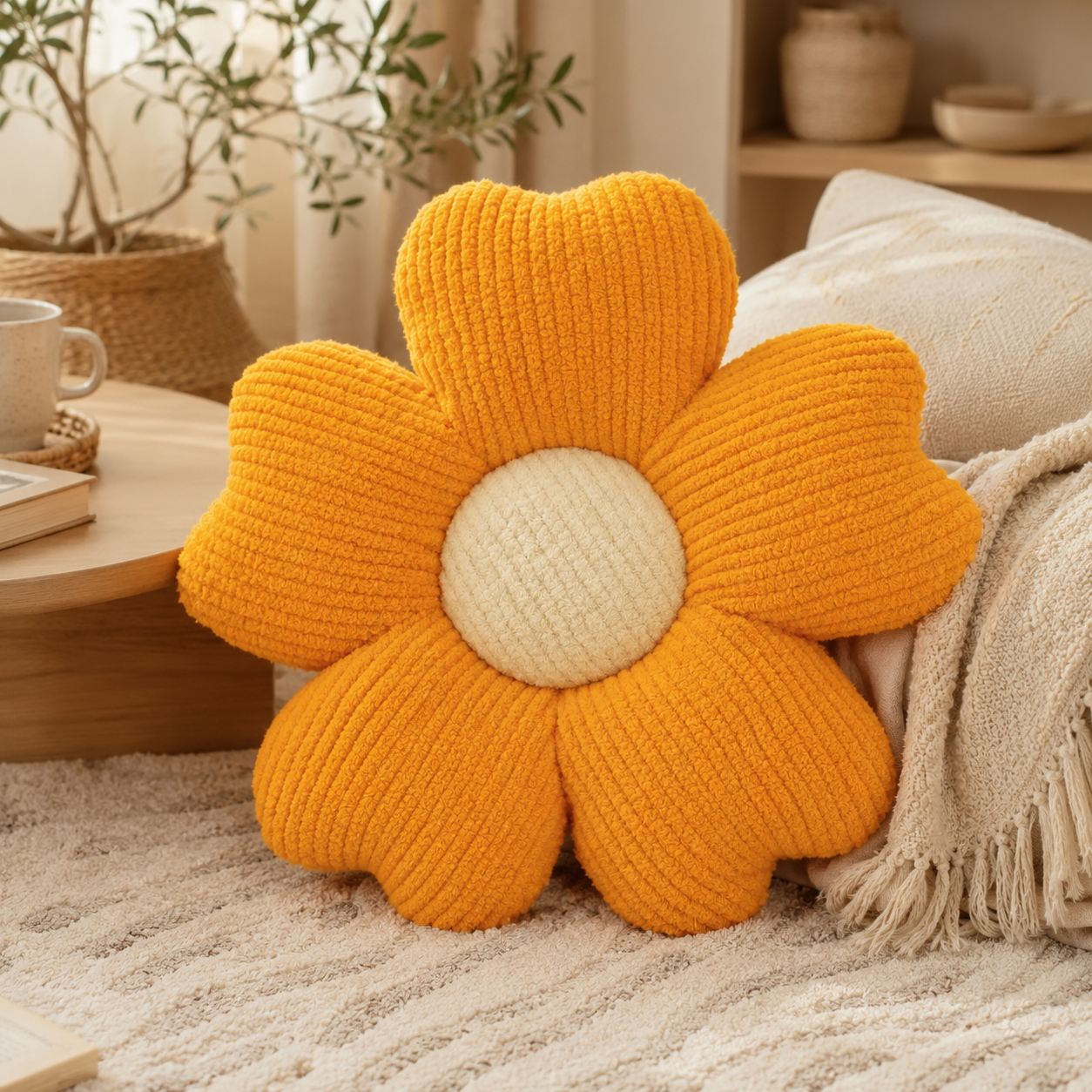 Coussin fleur orange de 45 cm présenté dans un coin détente lumineux aux tons beiges et bois naturel.
