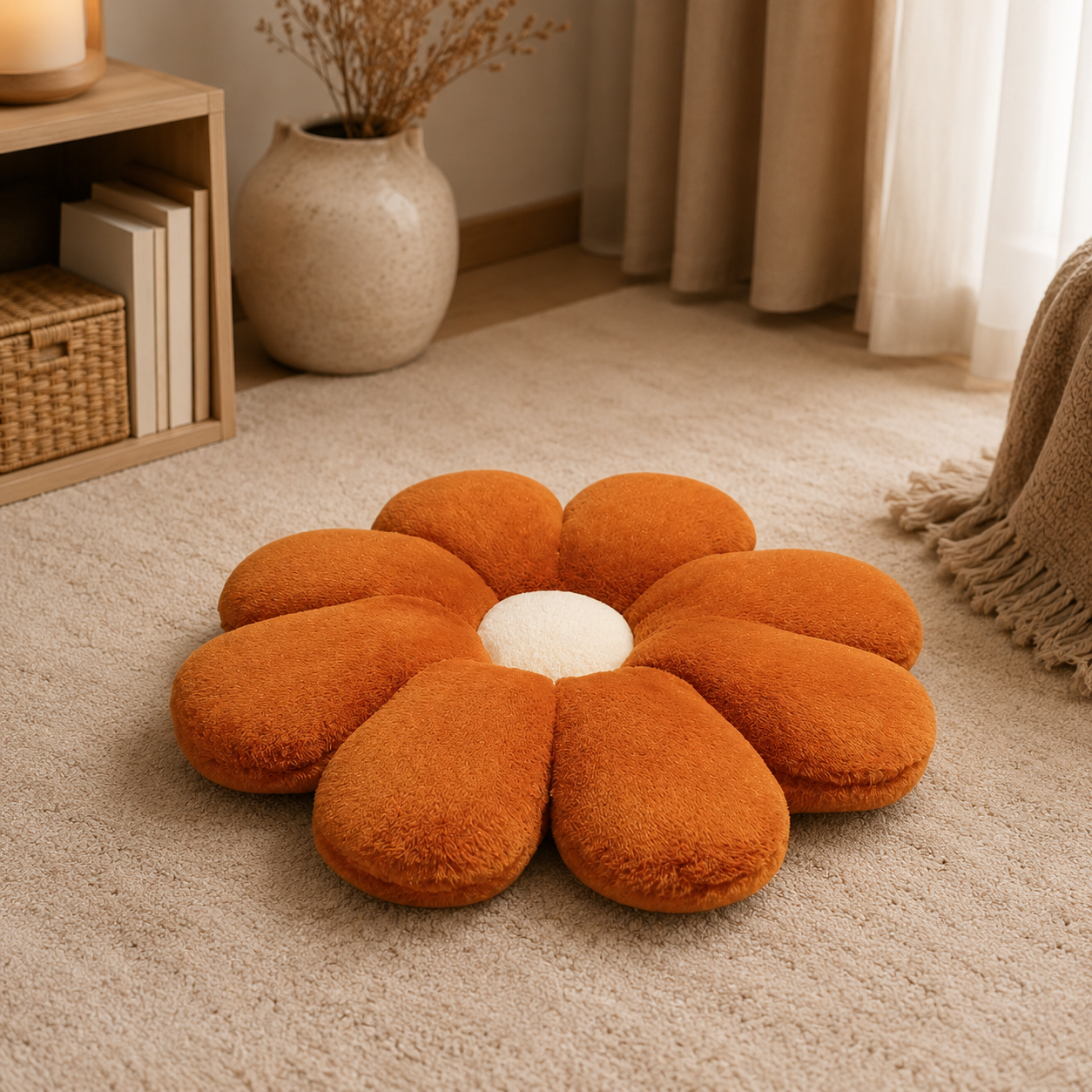Coussin décoratif orange en forme de fleur posé sur un tapis dans un intérieur chaleureux.