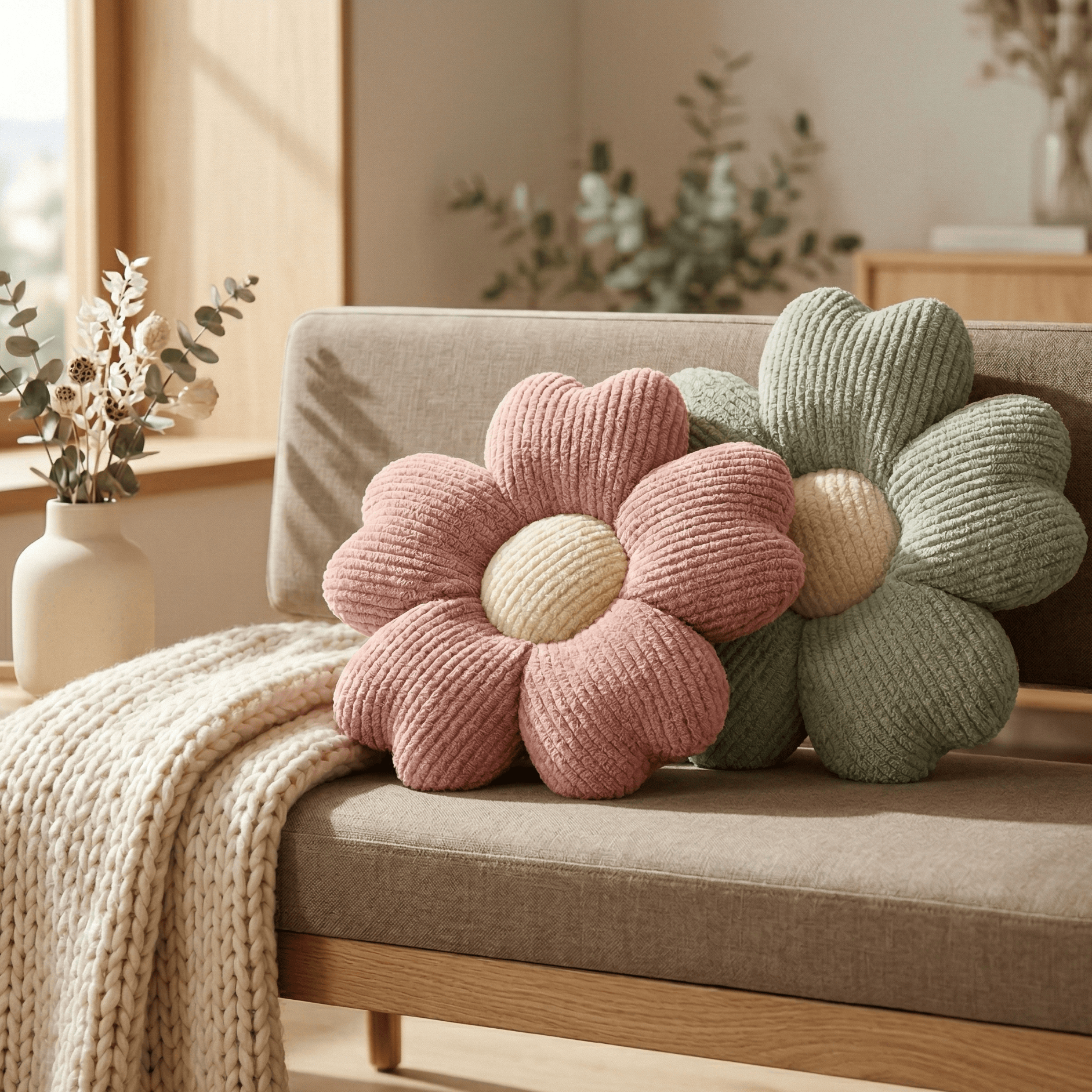 Coussins fleur rose et bleu sur banquette en tissu dans une ambiance chaleureuse et élégante