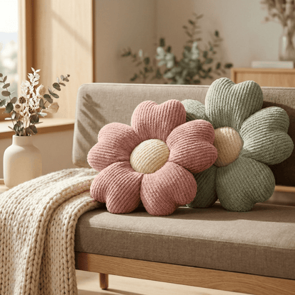 Coussins fleur rose et bleu sur banquette en tissu dans une ambiance chaleureuse et élégante