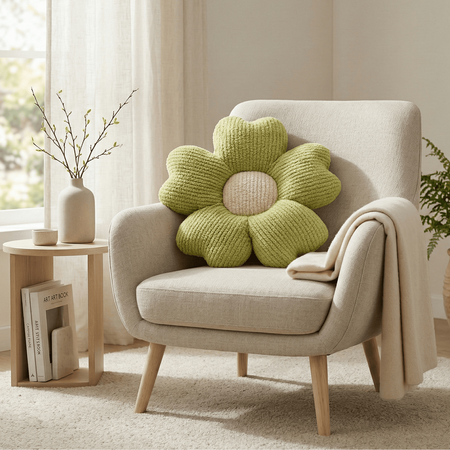 Coussin fleur vert sauge sur fauteuil beige dans un intérieur lumineux ambiance cocooning