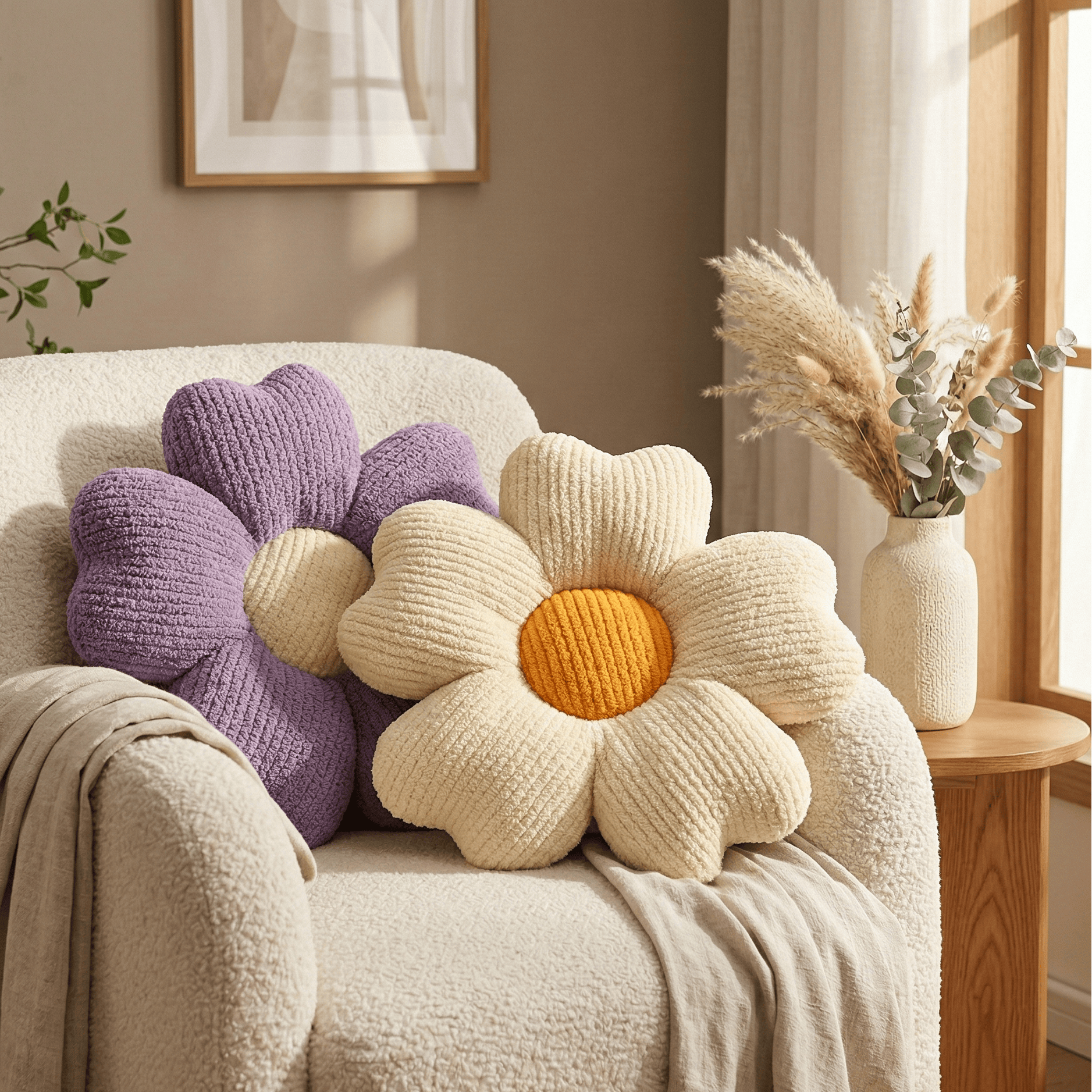 Coussins fleur violet et écru sur fauteuil bouclé beige dans un salon chaleureux style scandinave