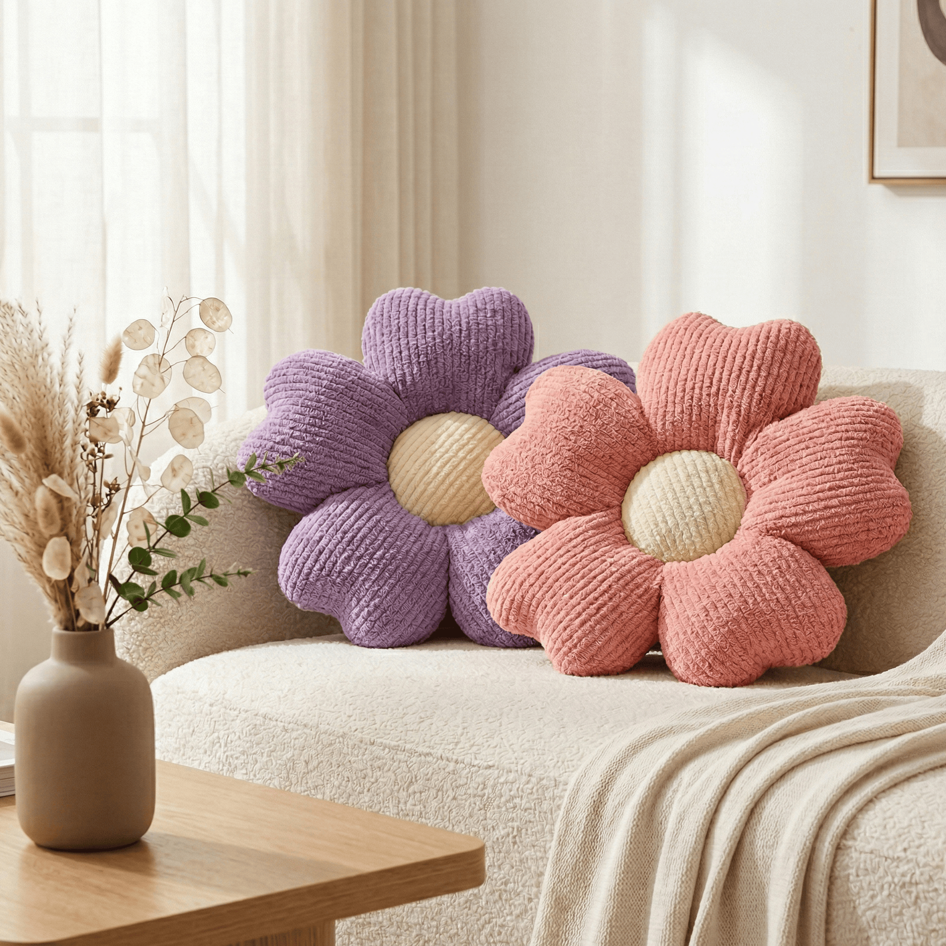Coussins fleur violet et rose poudré sur canapé beige dans un salon doux et lumineux