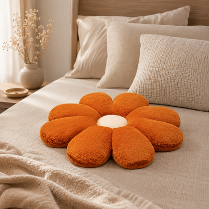 Coussin fleur orange de 50 × 50 cm posé sur un lit beige dans une chambre cosy.