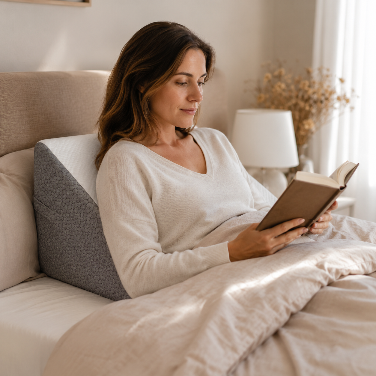 Femme lisant sur un lit avec un coussin incliné placé derrière le dos
