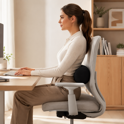 Femme assise à son bureau avec un coussin microbilles noir placé dans le bas du dos.