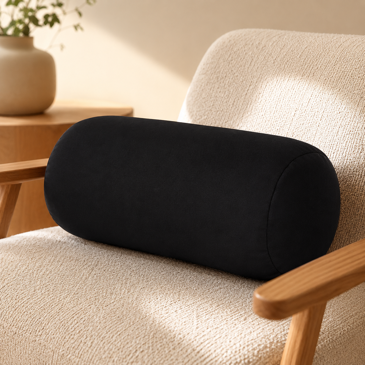 Coussin cylindrique noir en microbilles posé sur un fauteuil beige pour soutenir les cervicales ou les lombaires.
