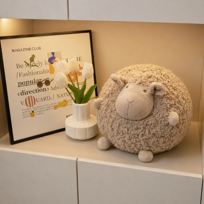 Coussin mouton beige posé sur un meuble avec vase et affiche dans une ambiance chaleureuse