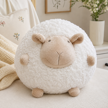 Coussin mouton blanc décoratif posé dans une chambre lumineuse au style cocooning