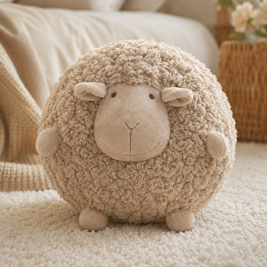 Coussin mouton moelleux beige posé sur un tapis crème dans une chambre cosy