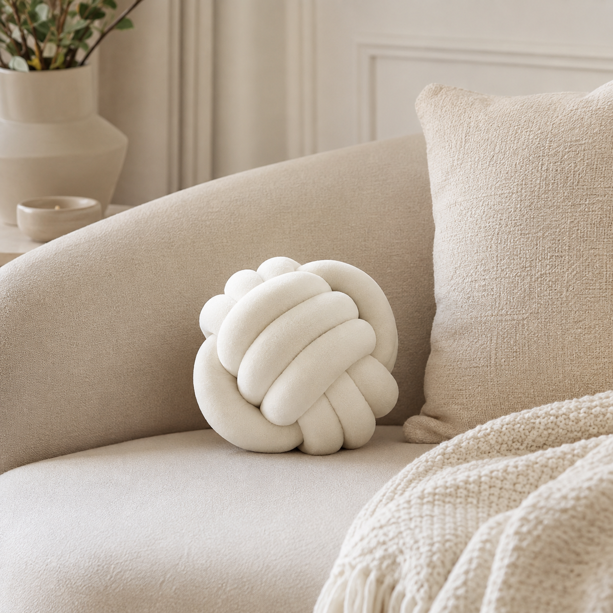 Coussin nœud blanc cassé posé sur un canapé beige dans un salon lumineux et chaleureux.