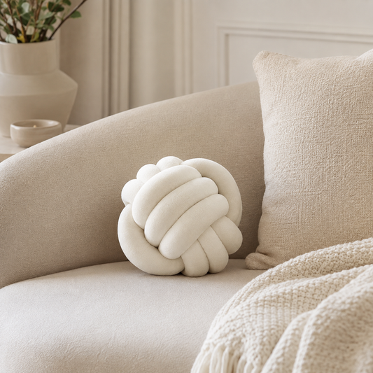 Coussin nœud blanc cassé posé sur un canapé beige dans un salon lumineux et chaleureux.