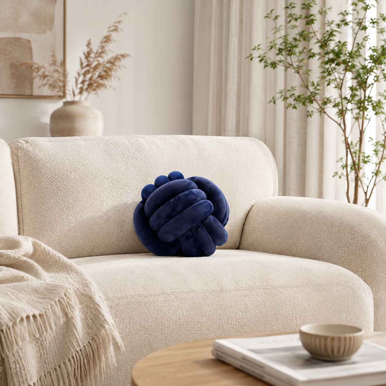 Petit coussin nœud bleu marine posé sur un fauteuil beige dans une décoration contemporaine.