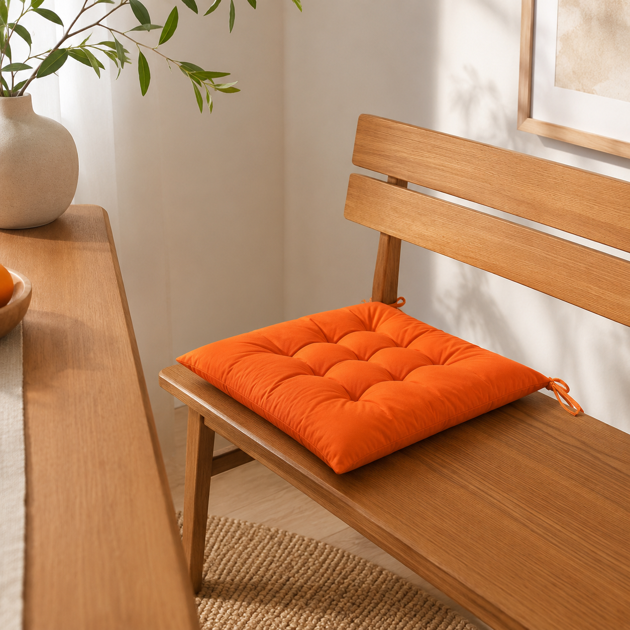 Coussin de chaise orange capitonné posé sur un banc en bois dans un intérieur lumineux.