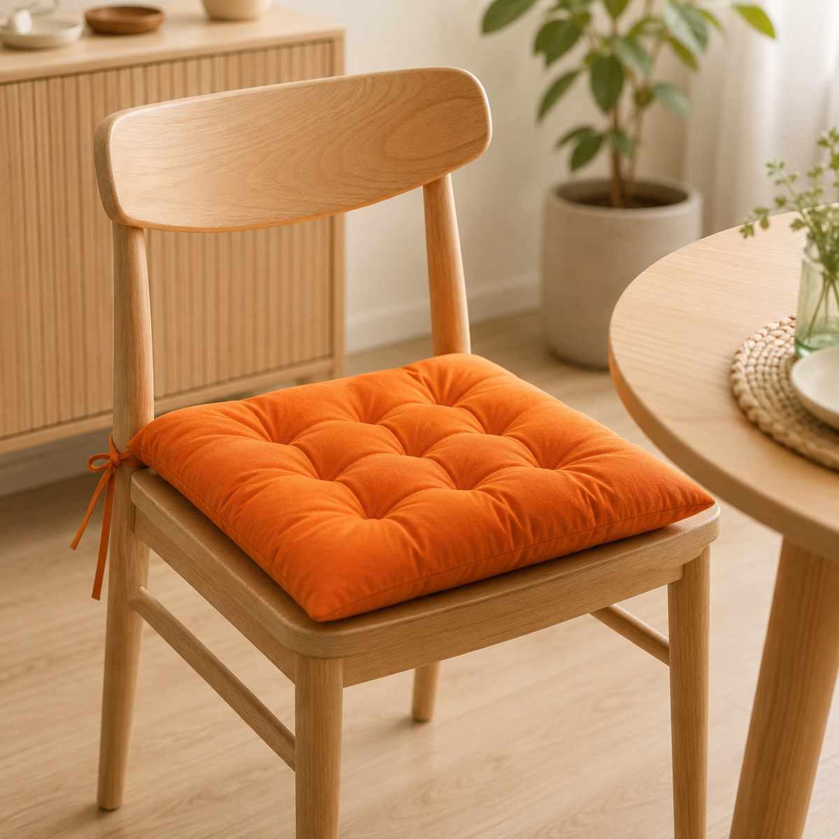 Coussin d’assise orange 40 × 40 cm attaché à une chaise en bois près d’une table ronde.