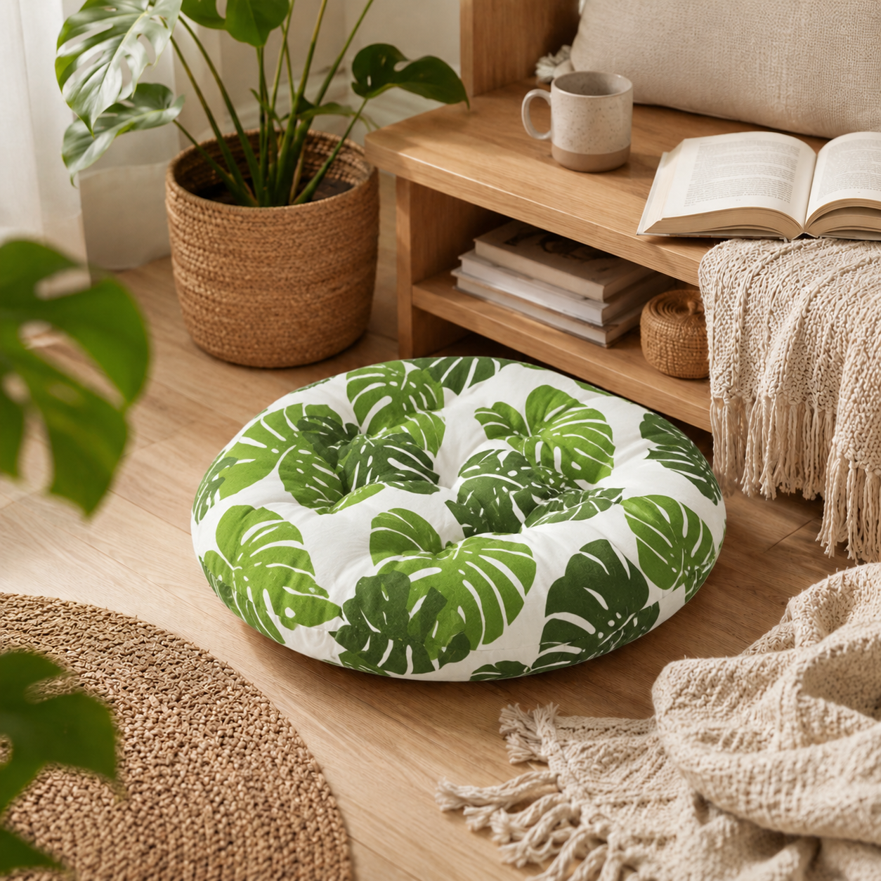 Coussin de chaise rond motif feuilles vertes posé au sol dans un coin détente cosy avec plantes et meuble en bois.