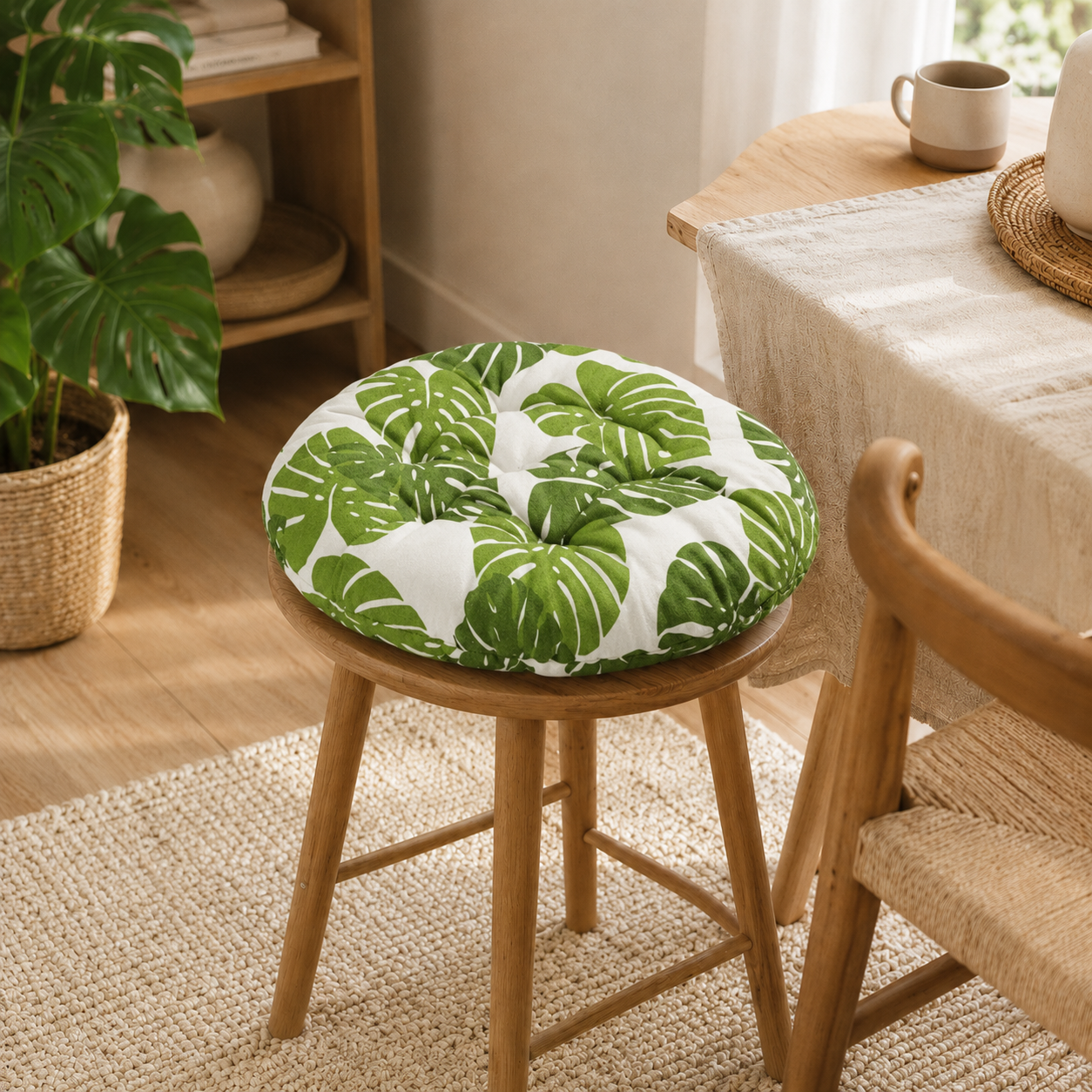 Coussin de chaise rond motif feuilles vertes posé sur un tabouret en bois dans une salle à manger lumineuse.