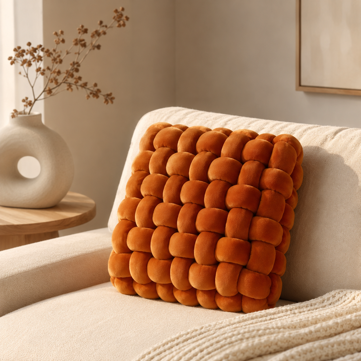 Coussin tressé moelleux orange posé debout sur un canapé beige dans un intérieur chaleureux.
