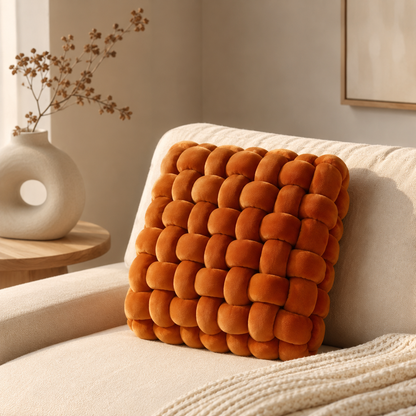Coussin tressé moelleux orange posé debout sur un canapé beige dans un intérieur chaleureux.