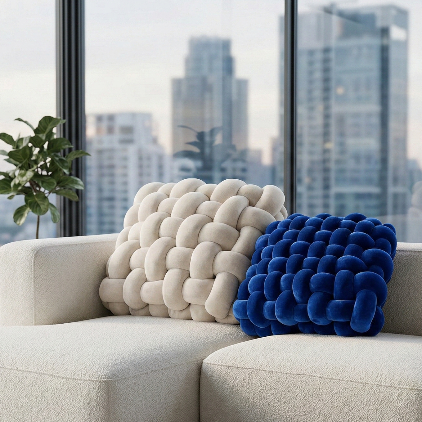 Coussins tressés design en velours ivoire et bleu profond sur canapé contemporain avec vue skyline moderne