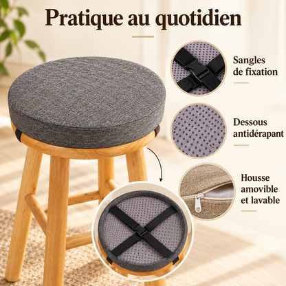 Coussin rond avec sangles de fixation, dessous antidérapant et housse amovible lavable.