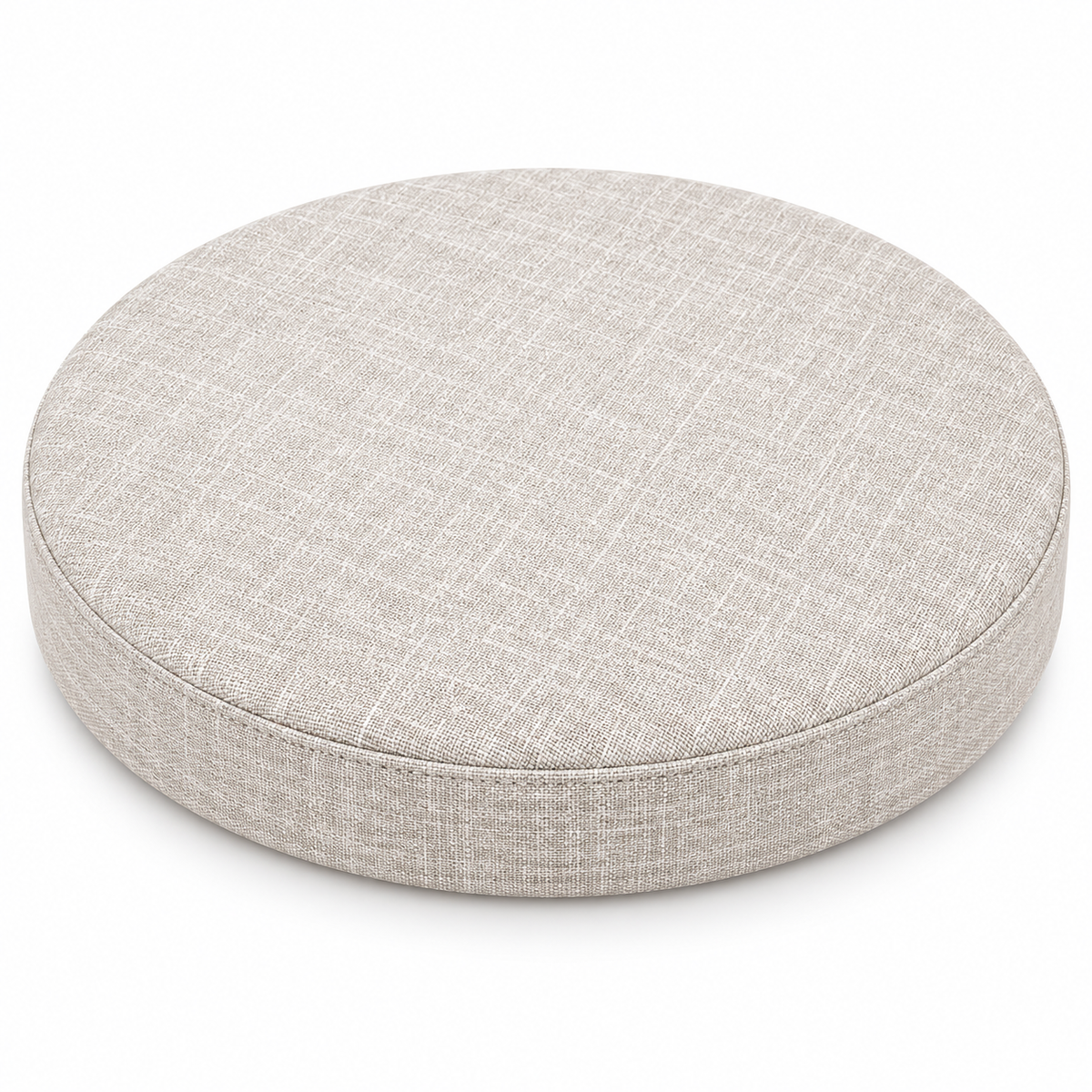 Coussin de tabouret rond beige clair en tissu chiné sur fond blanc.