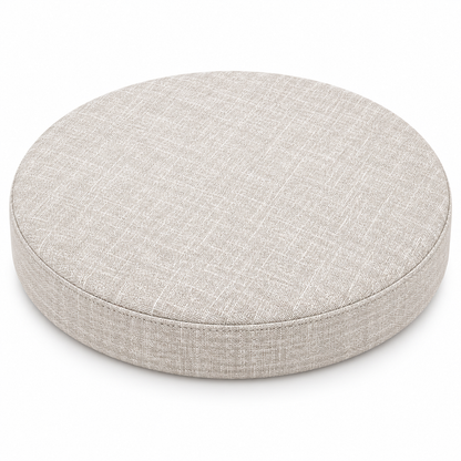 Coussin de tabouret rond beige clair en tissu chiné sur fond blanc.