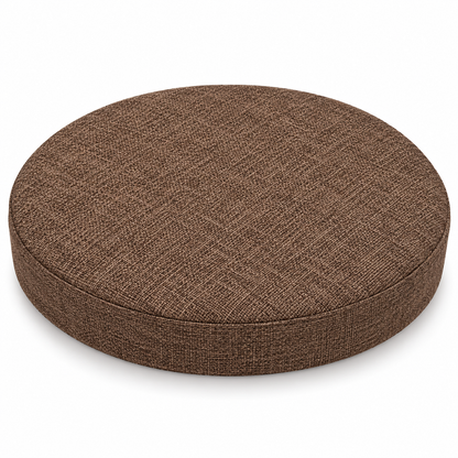 Coussin de tabouret rond marron en tissu chiné sur fond blanc.