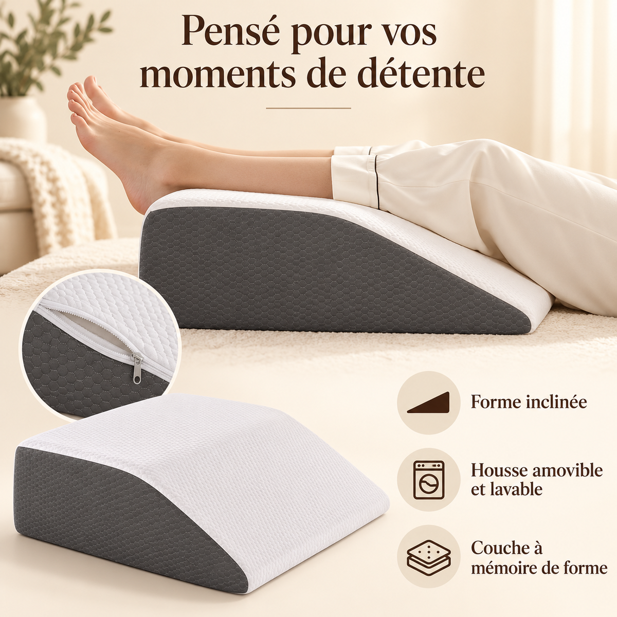 Présentation du coussin repose-jambes : forme inclinée, housse amovible et lavable, couche à mémoire de forme