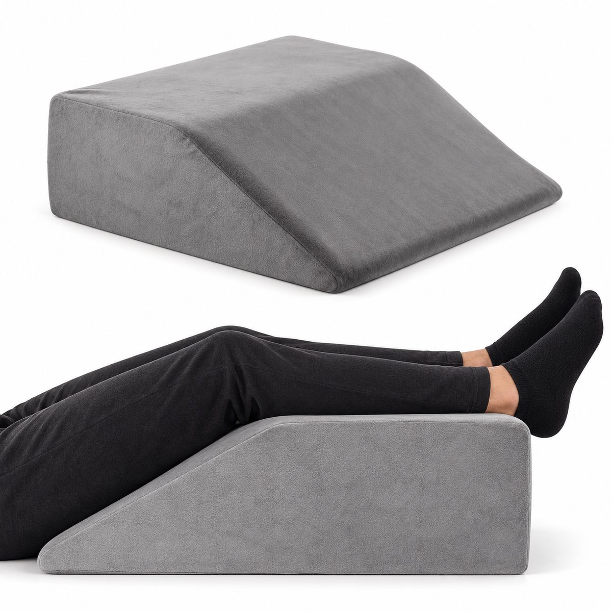Coussin repose-jambes gris présenté seul et sous les jambes d’une personne sur fond blanc
