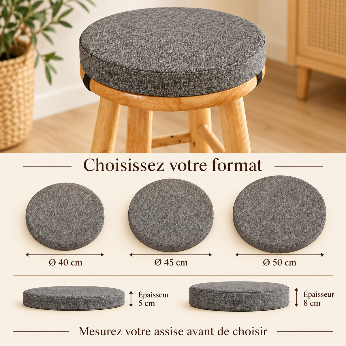 Dimensions du coussin rond : diamètres de 40, 45 ou 50 cm et épaisseurs de 5 ou 8 cm.