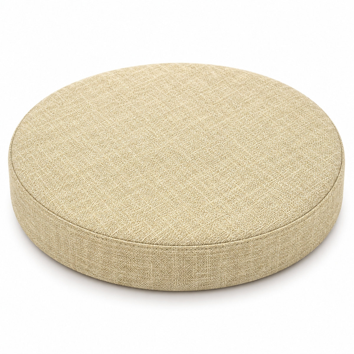 Coussin de tabouret rond beige sable en tissu chiné sur fond blanc.