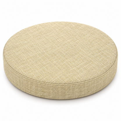 Coussin de tabouret rond beige sable en tissu chiné sur fond blanc.