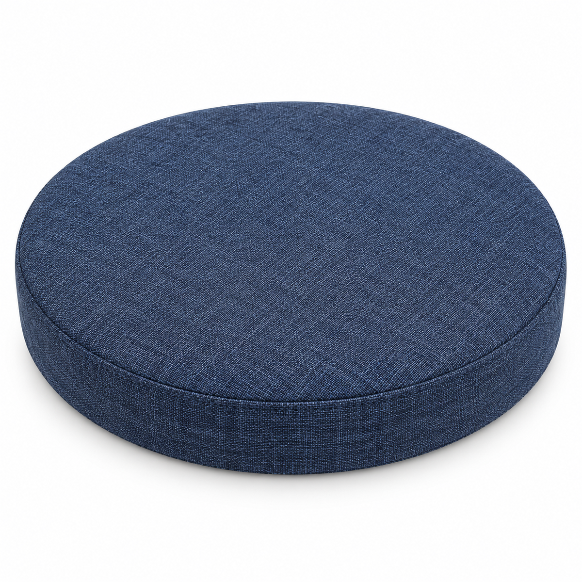 Coussin de tabouret rond bleu foncé en tissu chiné sur fond blanc.