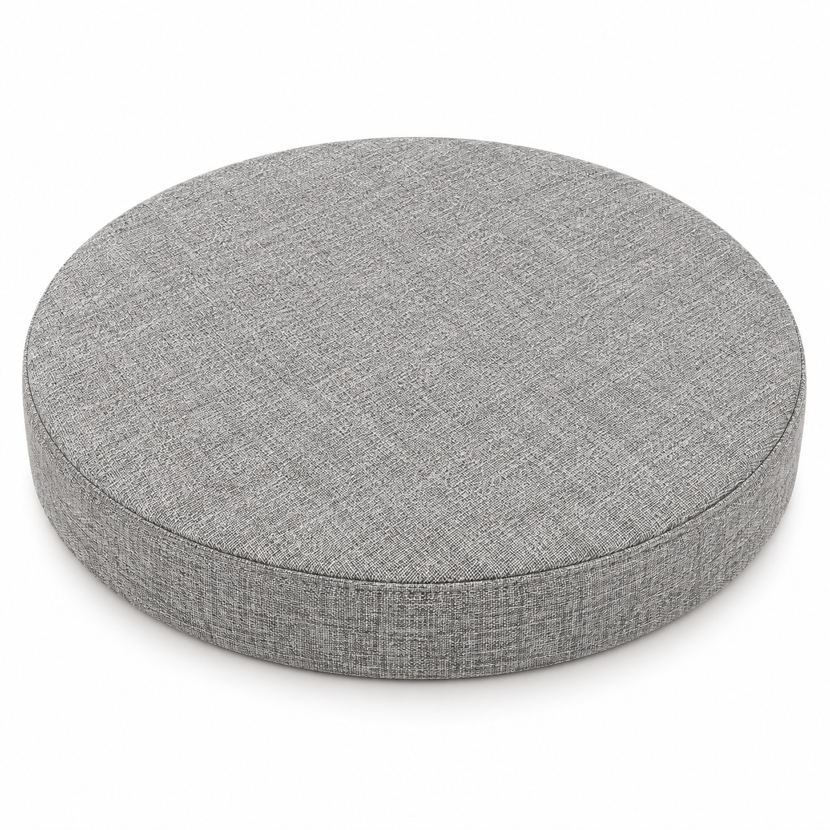 Coussin de tabouret rond gris clair en tissu chiné sur fond blanc.