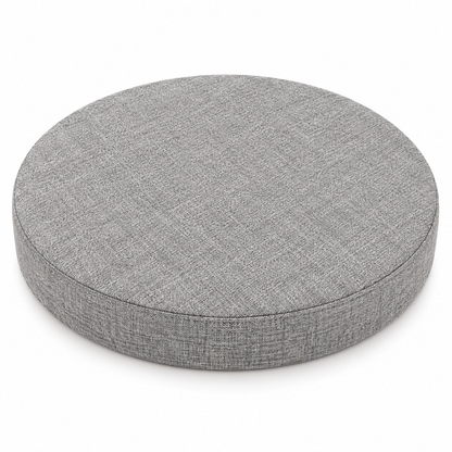 Coussin de tabouret rond gris clair en tissu chiné sur fond blanc.
