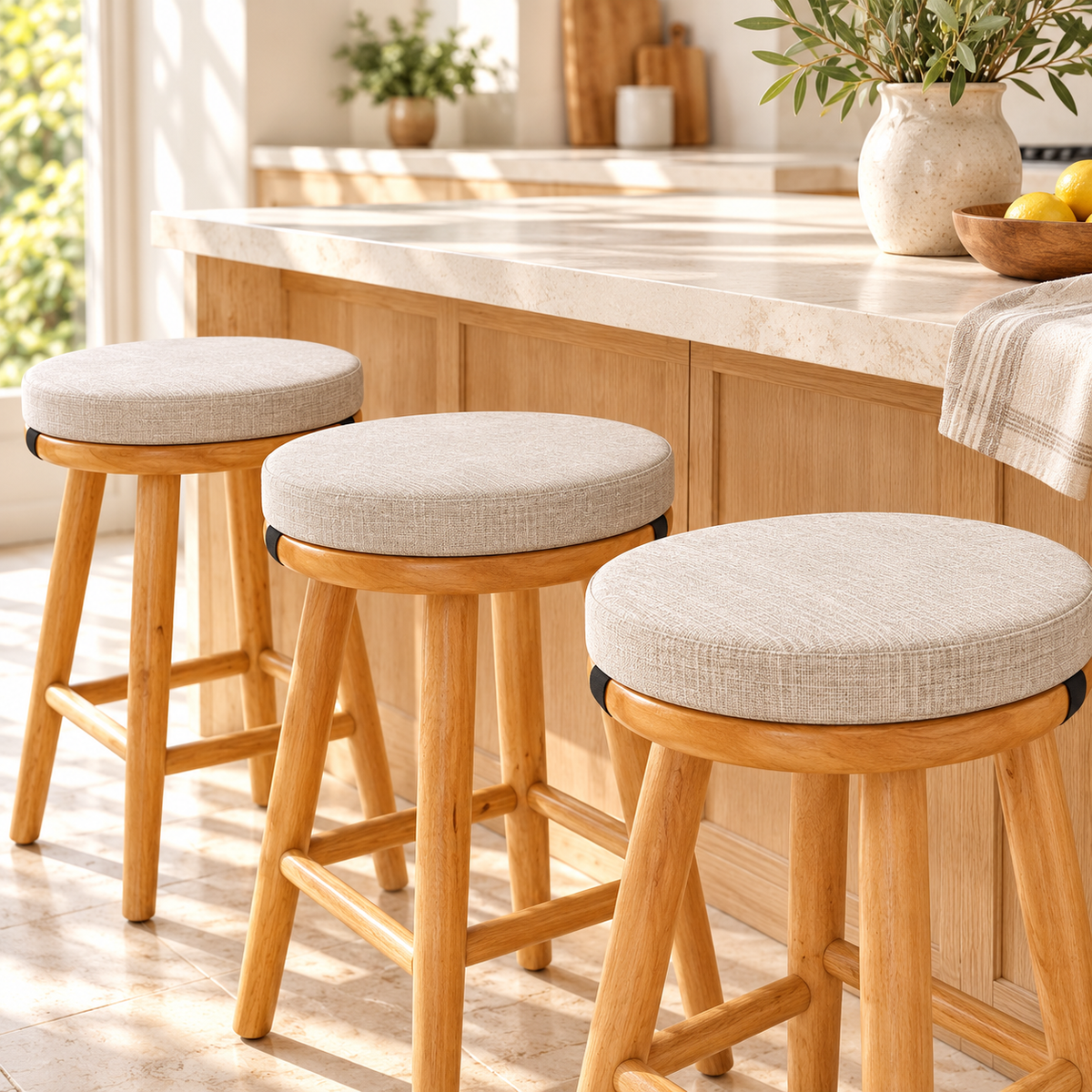 Coussins ronds beige clair installés sur trois tabourets en bois dans une cuisine.