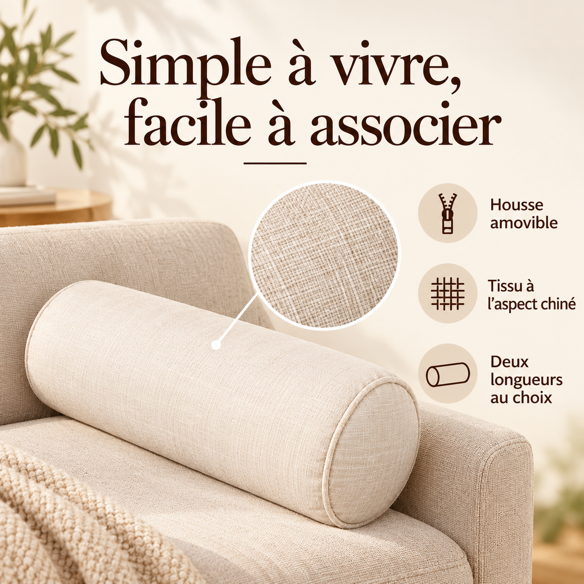 Coussin boudin beige clair présentant sa housse amovible, son tissu chiné et ses deux longueurs