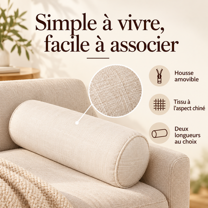 Coussin boudin beige clair présentant sa housse amovible, son tissu chiné et ses deux longueurs