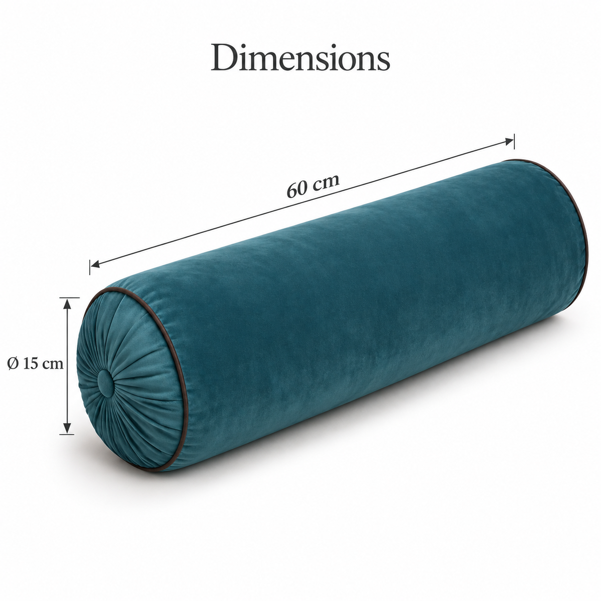 Dimensions du coussin cylindrique bleu pétrole : 60 cm de longueur et 15 cm de diamètre.
